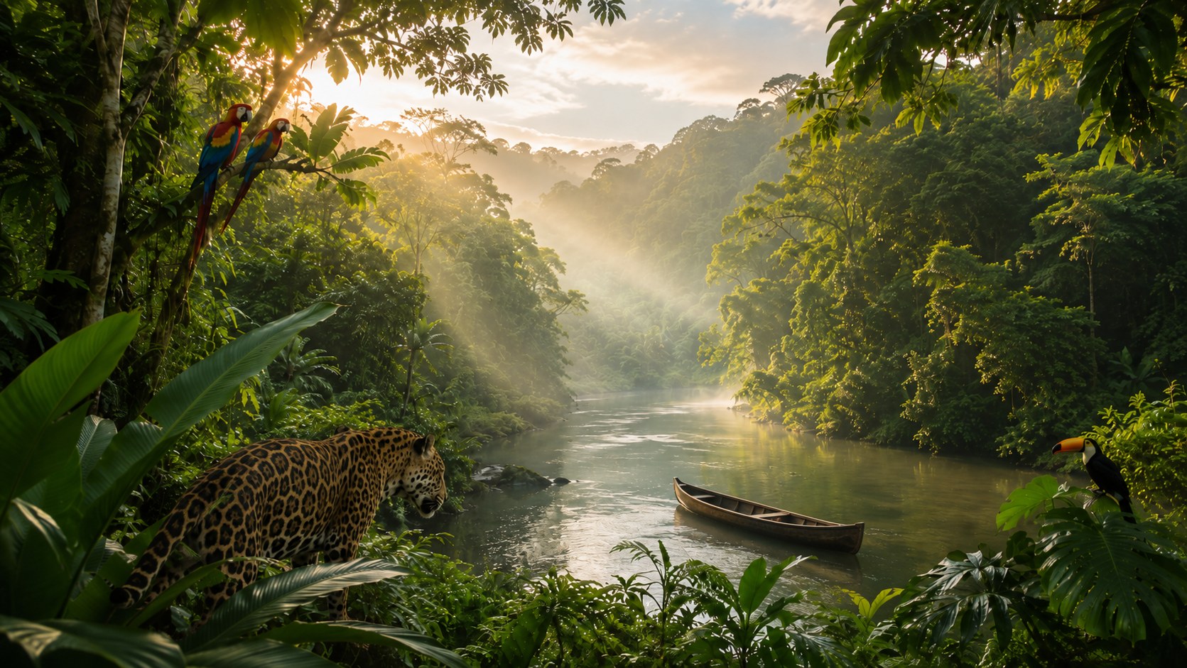 Paisagem amazônica com rio, canoa, onça e aves